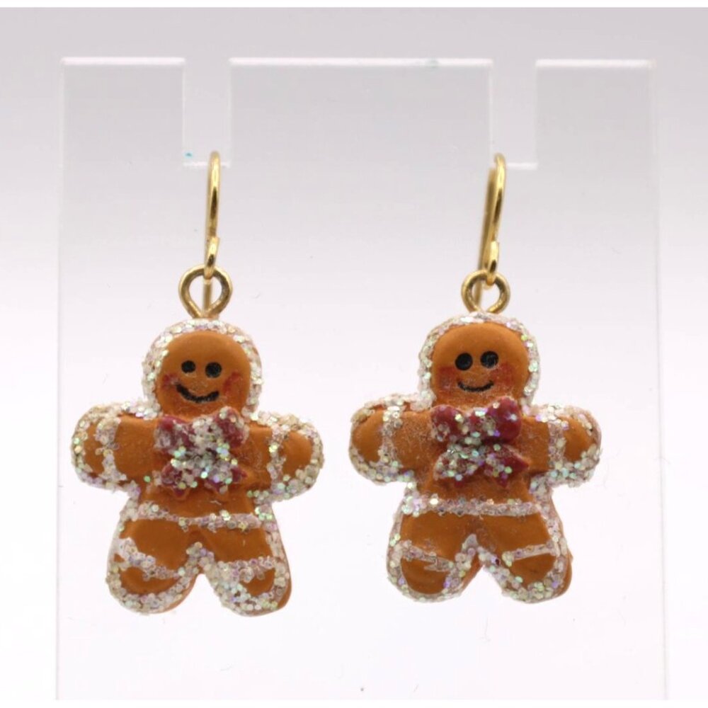 Gingerbread Dangle Earrings Glitter Accents Bows Gold Tone French Hook Pierced